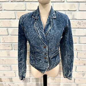 Vintage 80s Acid Wash Denim Blazer Fitted Cropped Retro Jacket M Indie Thrifted